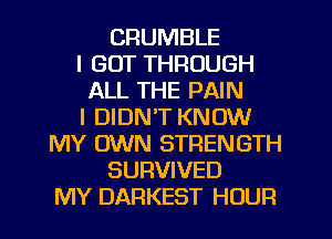 CRUMBLE
I GOT THROUGH
ALL THE PAIN
I DIDN'T KNOW
MY OWN STRENGTH
SURVIVED
MY DARKEST HOUR
