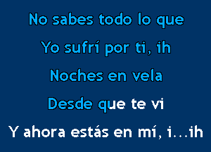 No sabes todo lo que

Yo sufri por ti, ih
Noches en vela
Desde que te v1

Y ahora estas en mi, i...ih