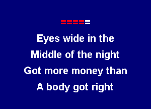 Eyes wide in the
Middle of the night

Got more money than
A body got right