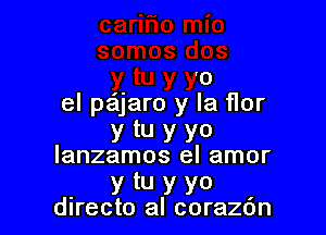 somos dos

y tU Y YO
el pa'njaro y la Hor

y tu y yo
Ianzamos el amor
y tu y yo
directo al coraz6n